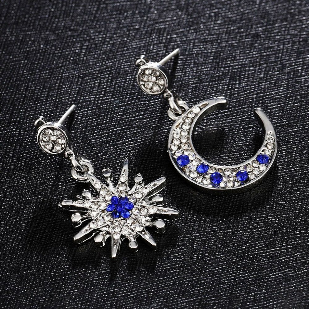 Silver Drop Blue Sapphire Moon Star Earrings - Picture 5 of 9